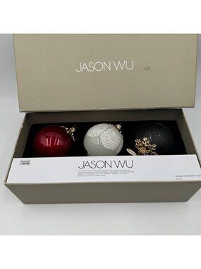 Jason Wu Glass Ornament Set Of 3 Red White Black Gold Accents
